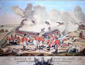 This painting shows the death of General Packenham as he is brought to the rear of the English army's position. An officer weeps with a handkerchief at this death. However, another painting was commissioned to edit that feature in order to make it look more manly and honorable. The revised version shows the English officer pointing across his face. Both versions are on display at The Historic New Orleans Collection galleries.