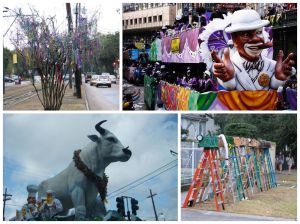 Clockwise from top left: Mardi Gras beads hanging year round in trees along parade routes; the Bigshot float in the Zulu Parade, seated ladders are a common site along St. Charles during Mardi Gras; the Buoef Gras float in the Rex parade.