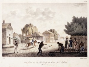 "Vue d'une Rue du Faubourg Ste. Marie, Nelle. Orleans. (Louisiane)." This lithograph portrays a street scene of teh Faubourg Ste. Marie, which was also named for Marie Josepha Deslonde. The scene starkly contrasts with the present day Central Business District.
